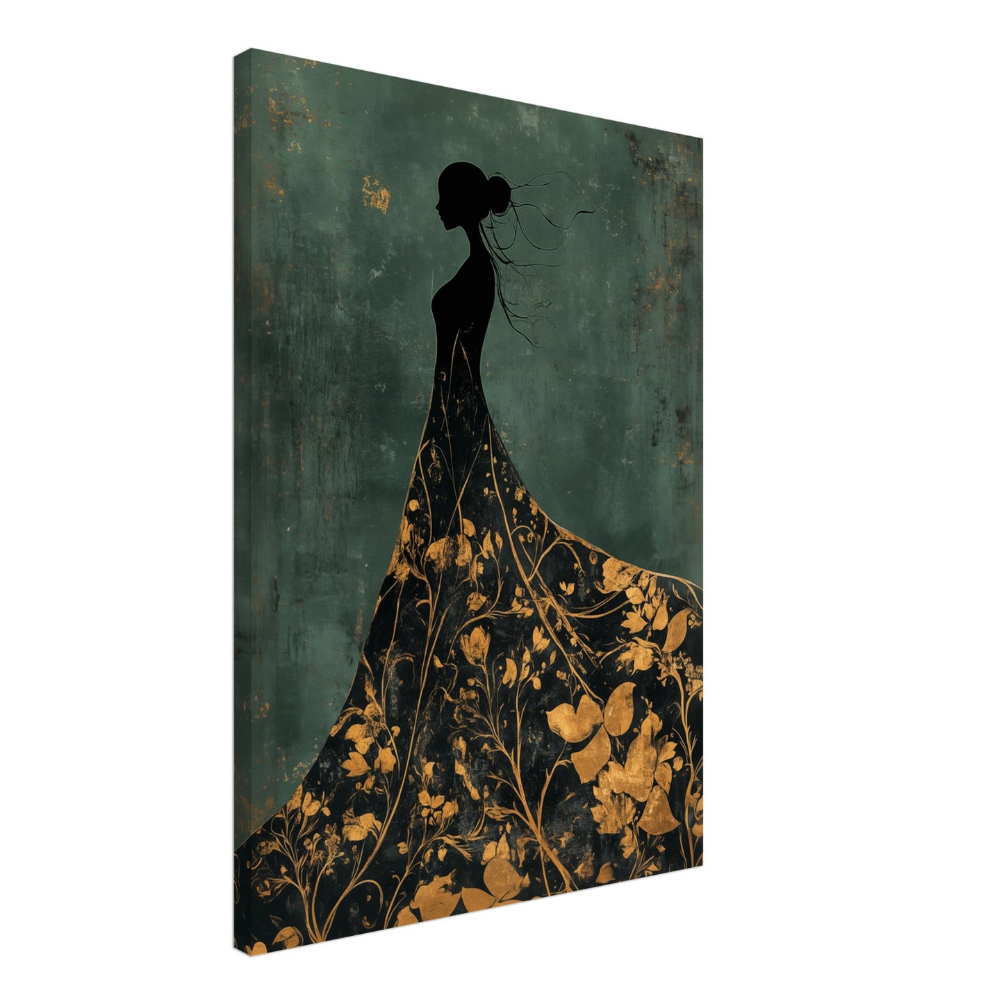 Goldene Eleganz – Silhouette einer Frau in floraler Pracht Leinwand 50x70 cm - Pixara