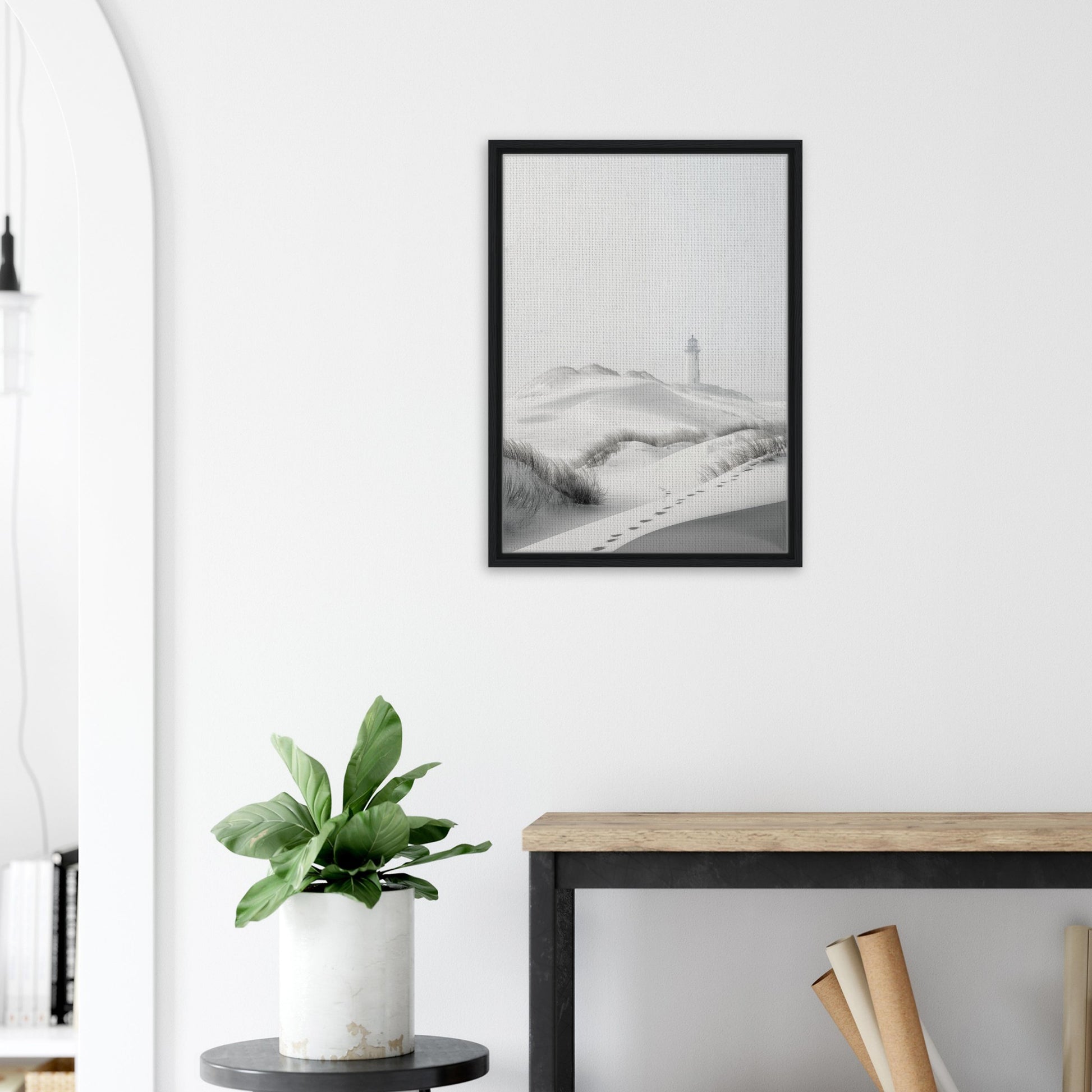 Leuchtturm in den Dünen | Gerahmte Leinwand - Pixara