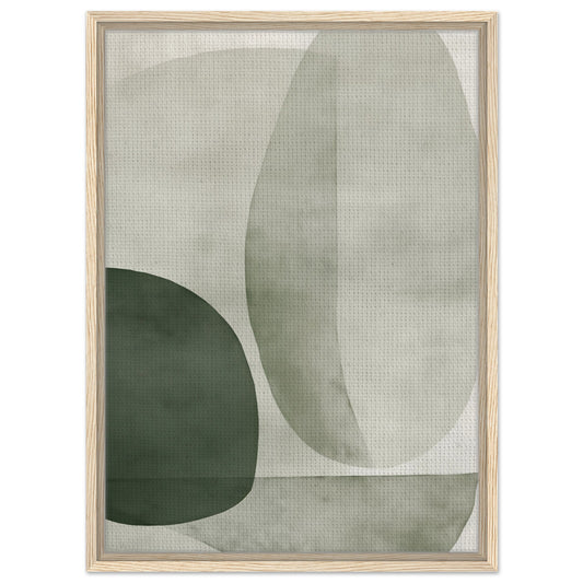 Gerahmte Leinwand „Klare Gedanken“, heller Holzrahmen, 50 × 70 cm / 20 × 28″, mit organischen Formen in Salbeigrün, Grau, Creme