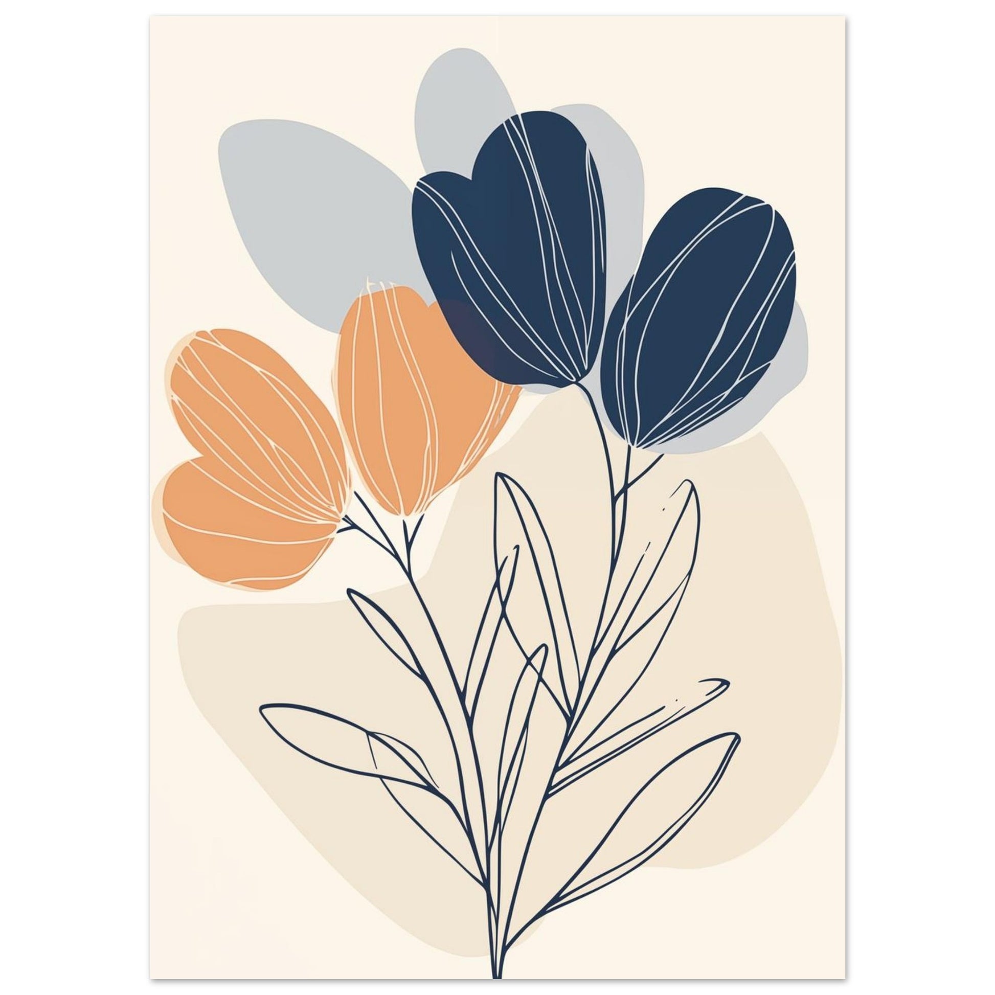 Abstrakte Blumen – Moderne Linienkunst in Blau und Orange 13x18 cm - Pixara