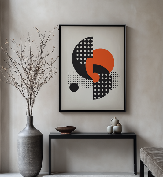 Geometrisches Design mit schwarzen Punkten und orangen Kreisen - Pixara
