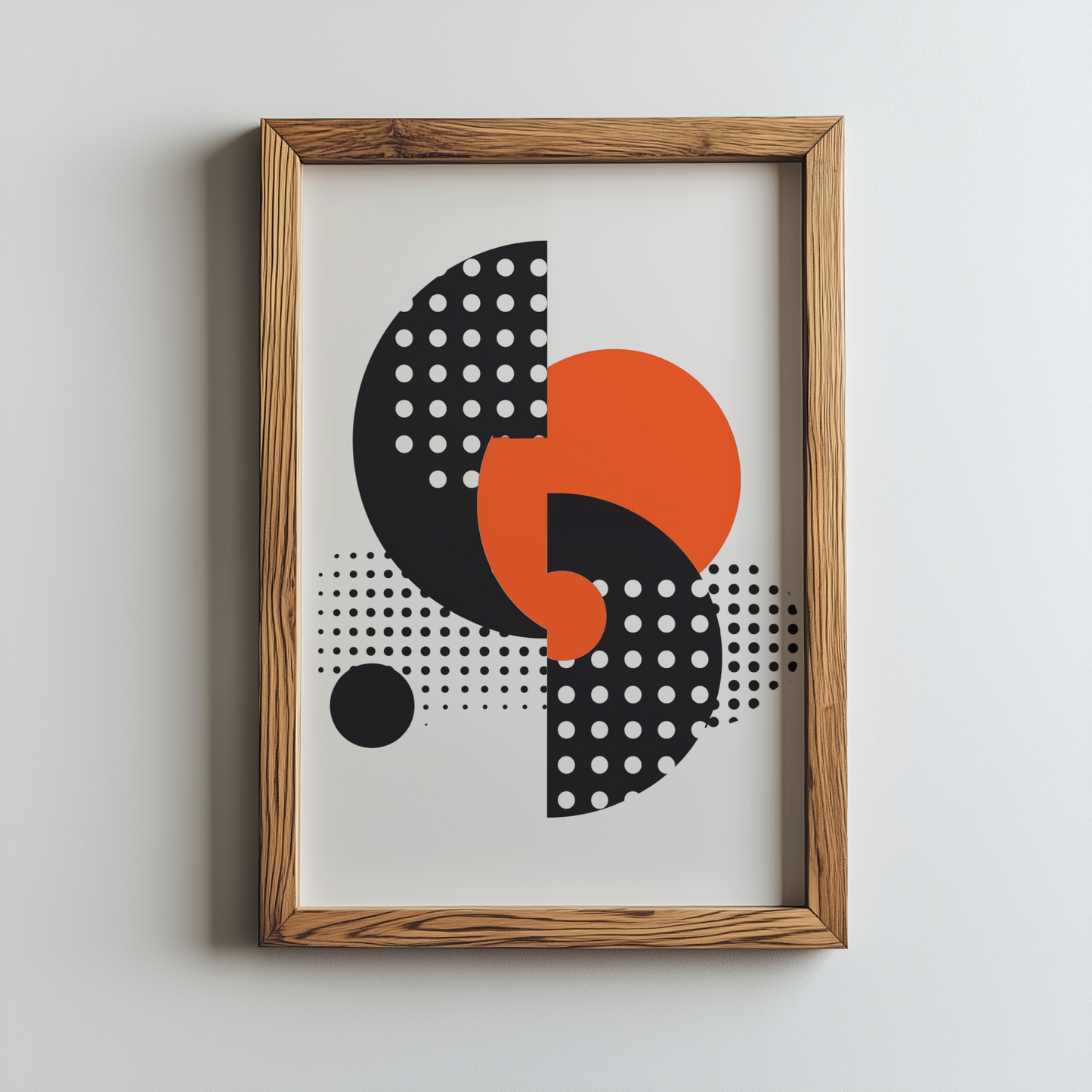 Geometrisches Design mit schwarzen Punkten und orangen Kreisen - Pixara