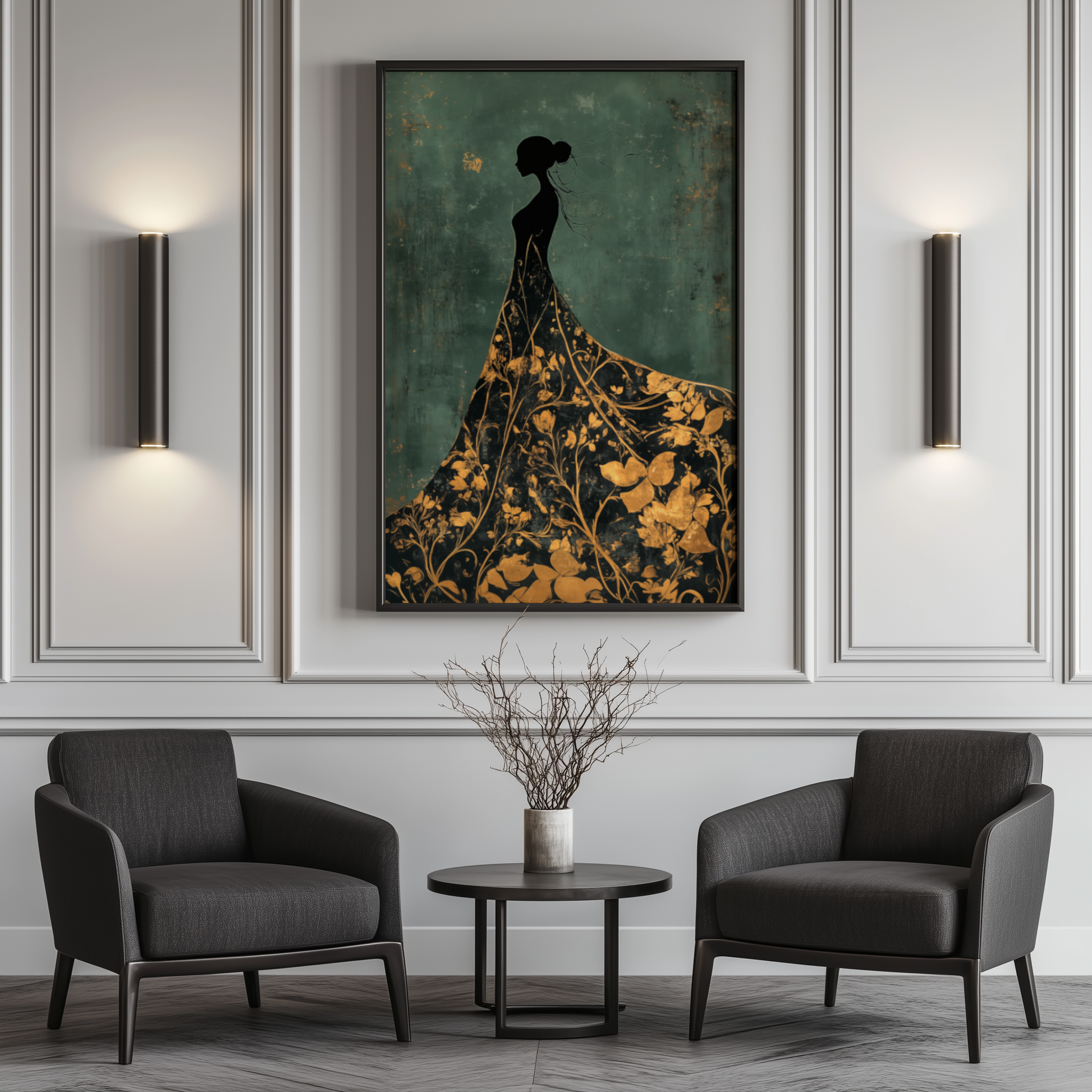 Goldene Eleganz – Silhouette einer Frau in floraler Pracht - Pixara