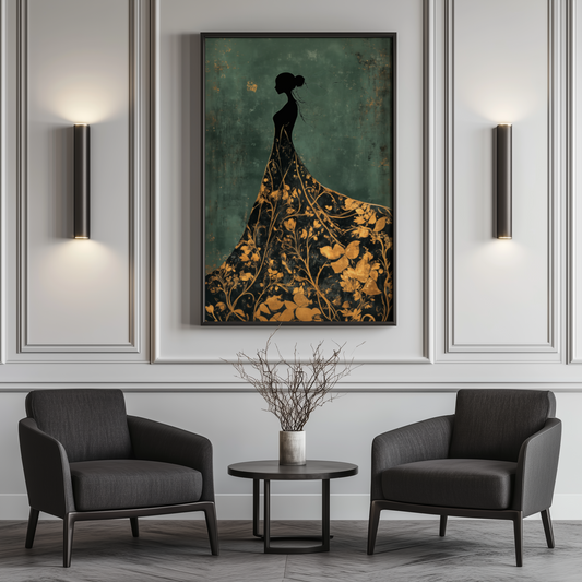 Goldene Eleganz – Silhouette einer Frau in floraler Pracht - Pixara