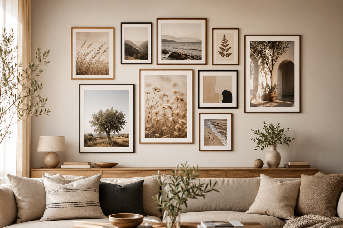 Bilderwand mit verschiedenen gerahmten Postern über einem beigen Sofa im modernen Wohnzimmer