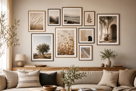 Bilderwand mit verschiedenen gerahmten Postern über einem beigen Sofa im modernen Wohnzimmer