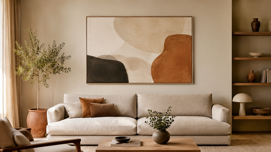 Großes abstraktes Wandbild über einem beigen Sofa im modernen Wohnzimmer