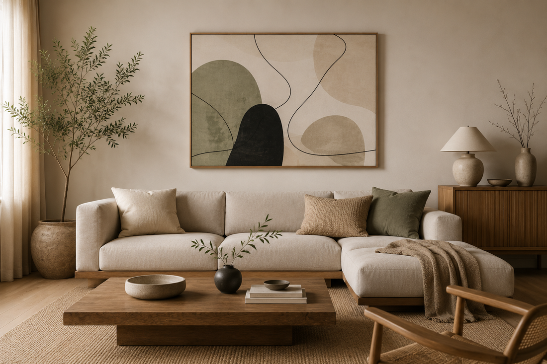 apandi Wohnzimmer mit natürlichen Materialien, beigem Sofa und abstrakter Wandkunst in ruhigen Erdtönen