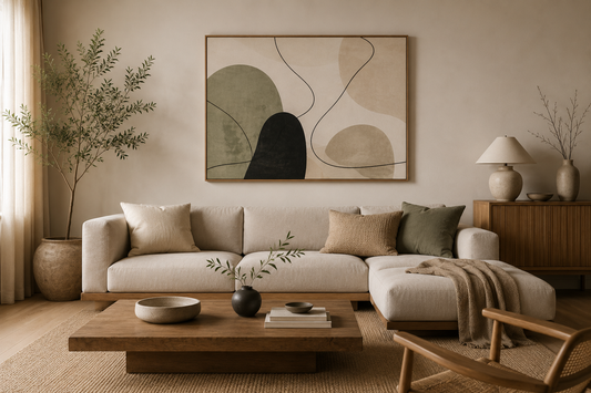 apandi Wohnzimmer mit natürlichen Materialien, beigem Sofa und abstrakter Wandkunst in ruhigen Erdtönen