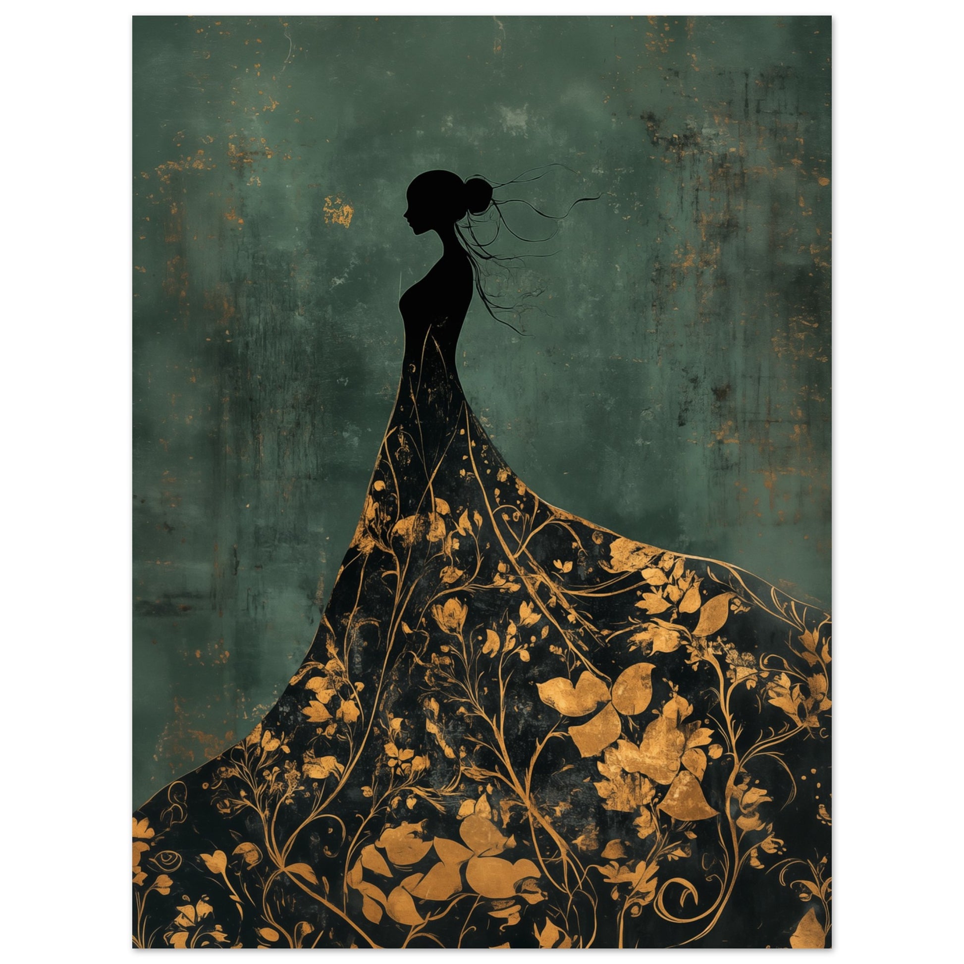 Goldene Eleganz – Silhouette einer Frau in floraler Pracht Poster 30x40 cm - Pixara