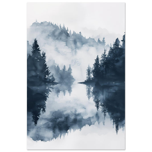Poster „Nebelwald“, 60 × 90 cm, mit nebliger Wald- und Seenlandschaft in kühlem Blau und Grau