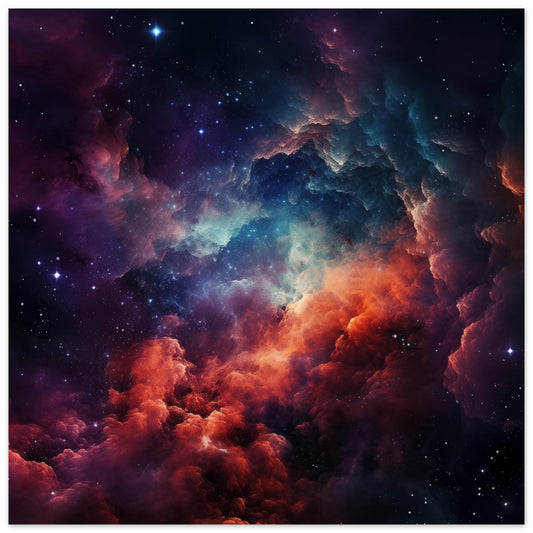 Poster „Farbexplosion im Kosmos“ mit kosmische Farbwolken in Dunkelblau, Violett, Rot und Türkis, 25x25 cm