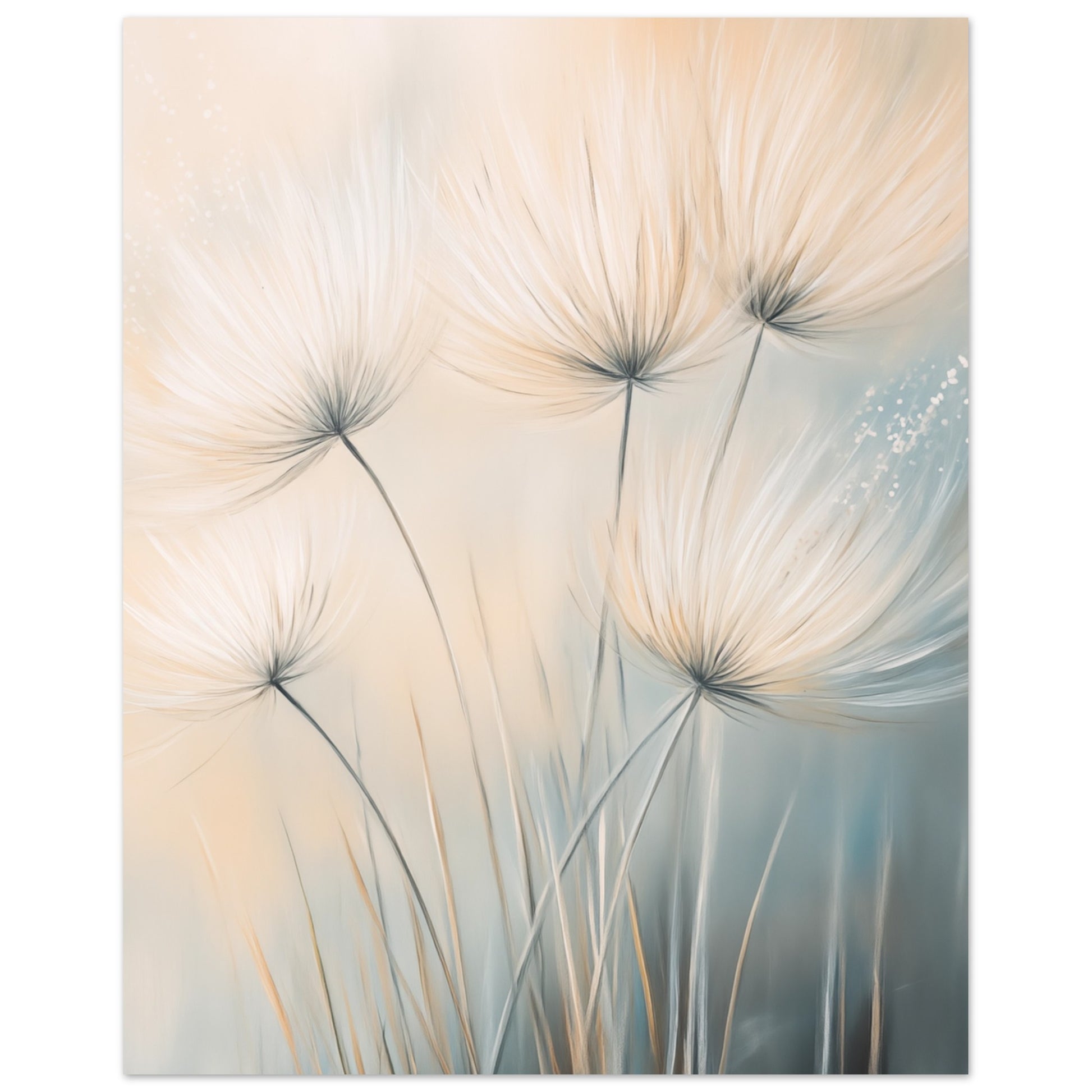 Poster „Sanfte Pusteblumen im Wind“ mit Pusteblumen in Creme und Hellblau vor weichem Hintergrund, 40x50 cm