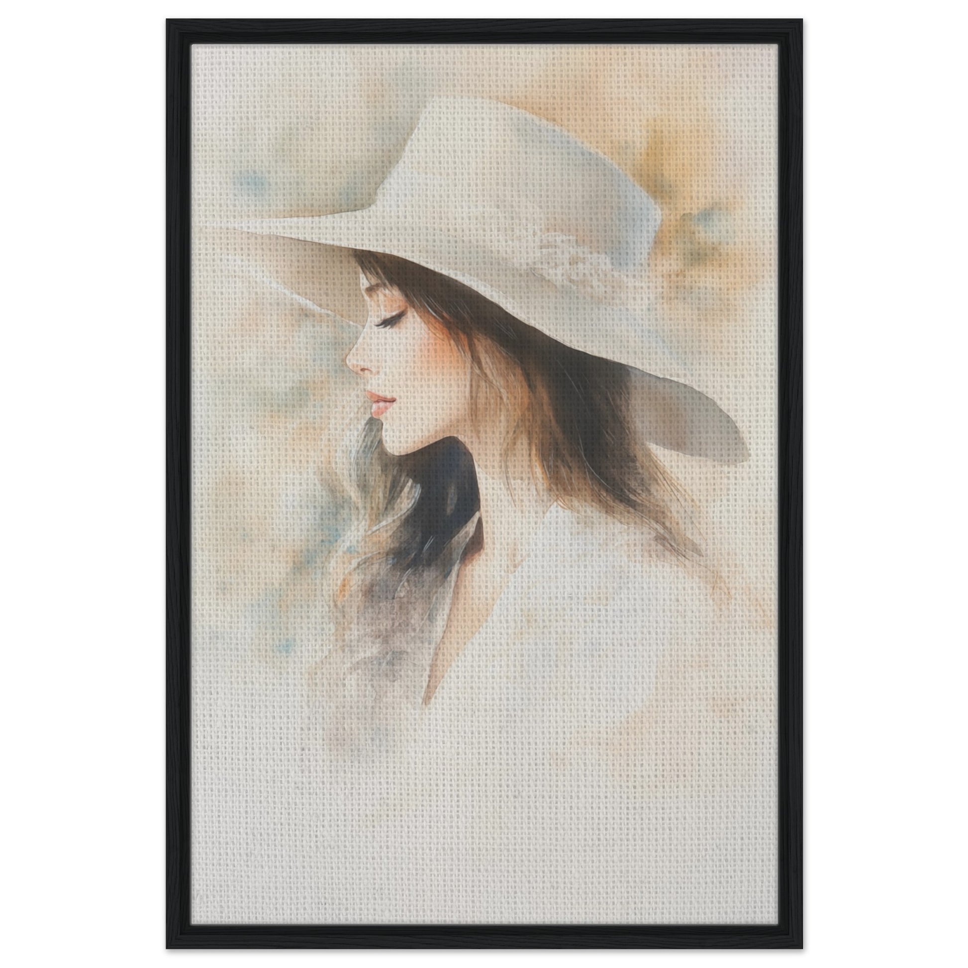 Zarte Wasserfarben-Porträt einer Frau | Gerahmte Leinwand Schwarzer Rahmen 60x90 cm - Pixara