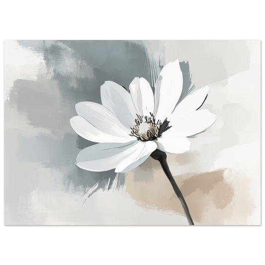 Poster „Elegante Einfachheit: Blüten in Pinselstrichen“ mit weiße Blüte mit graubeigen aquarellierten Pinselstrichen, 13x18 cm