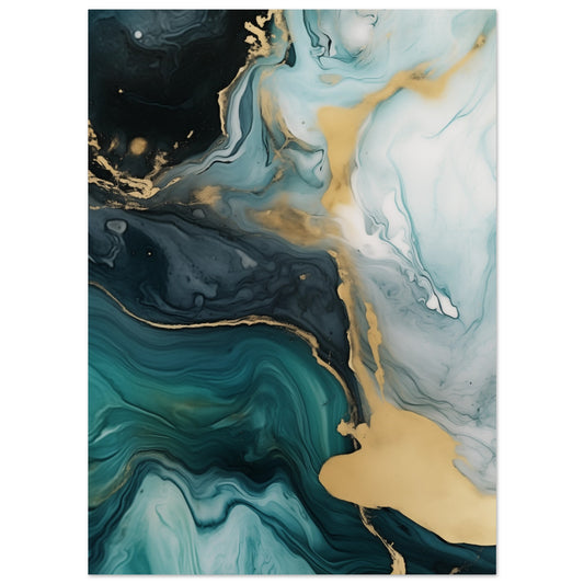 Poster „Azure Gold Swirl“ mit Marmorwirbeln in Petrol, Türkis, Schwarz, Weiß und Gold, 13 × 18 cm