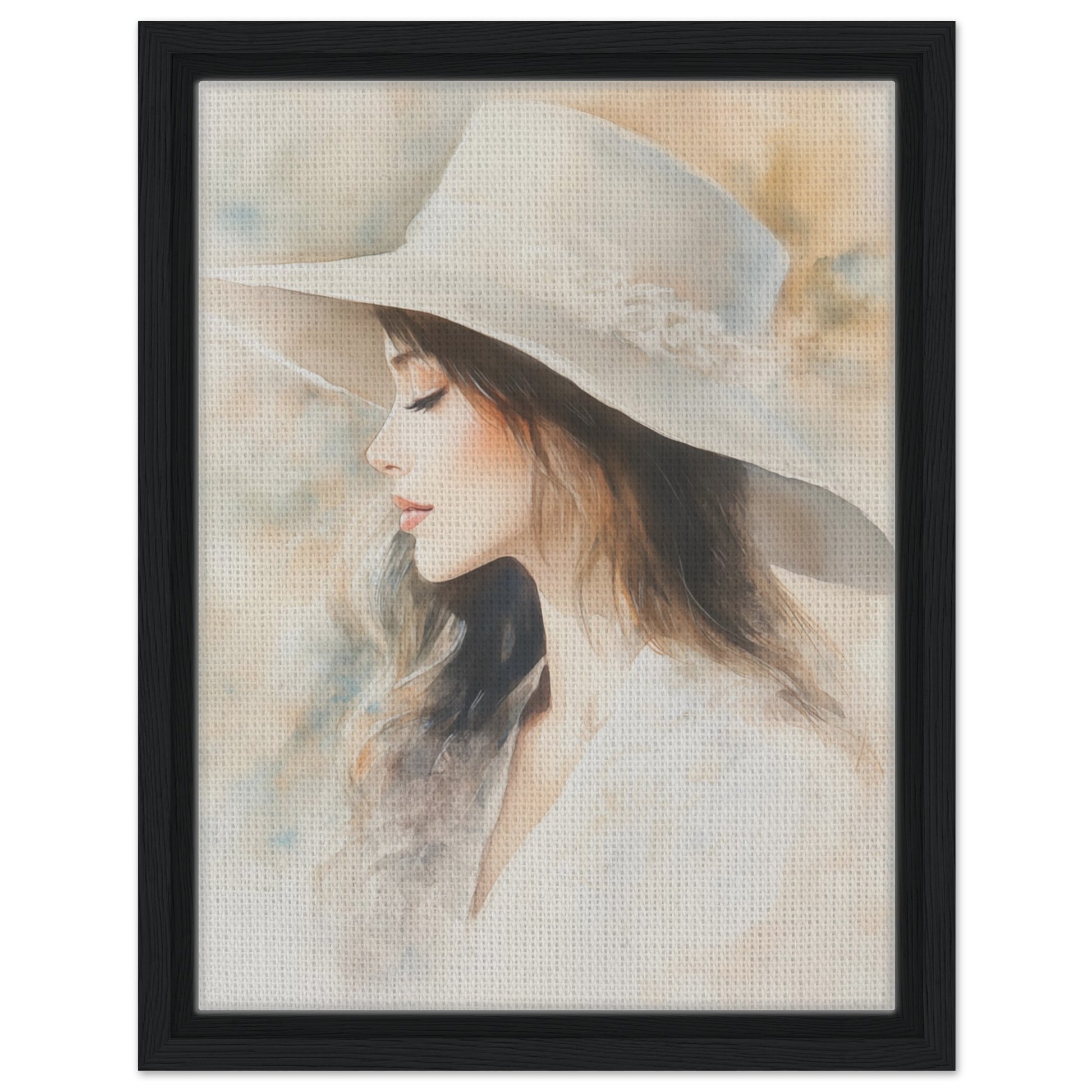 Zarte Wasserfarben-Porträt einer Frau | Gerahmte Leinwand Schwarzer Rahmen 30x40 cm - Pixara