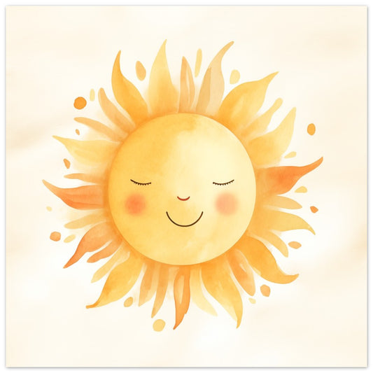 Poster „Solario Strahlenkind“ mit lächelnder gelber Sonne als sanfte Aquarellillustration, 25x25 cm