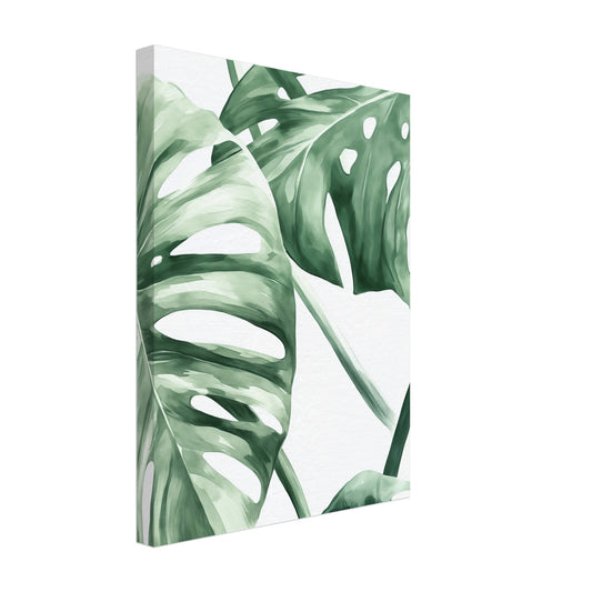 Leinwand „Monstera Eleganz“ mit üppige Monstera-Blätter in sattem Grün auf weißem Grund, 30x40 cm