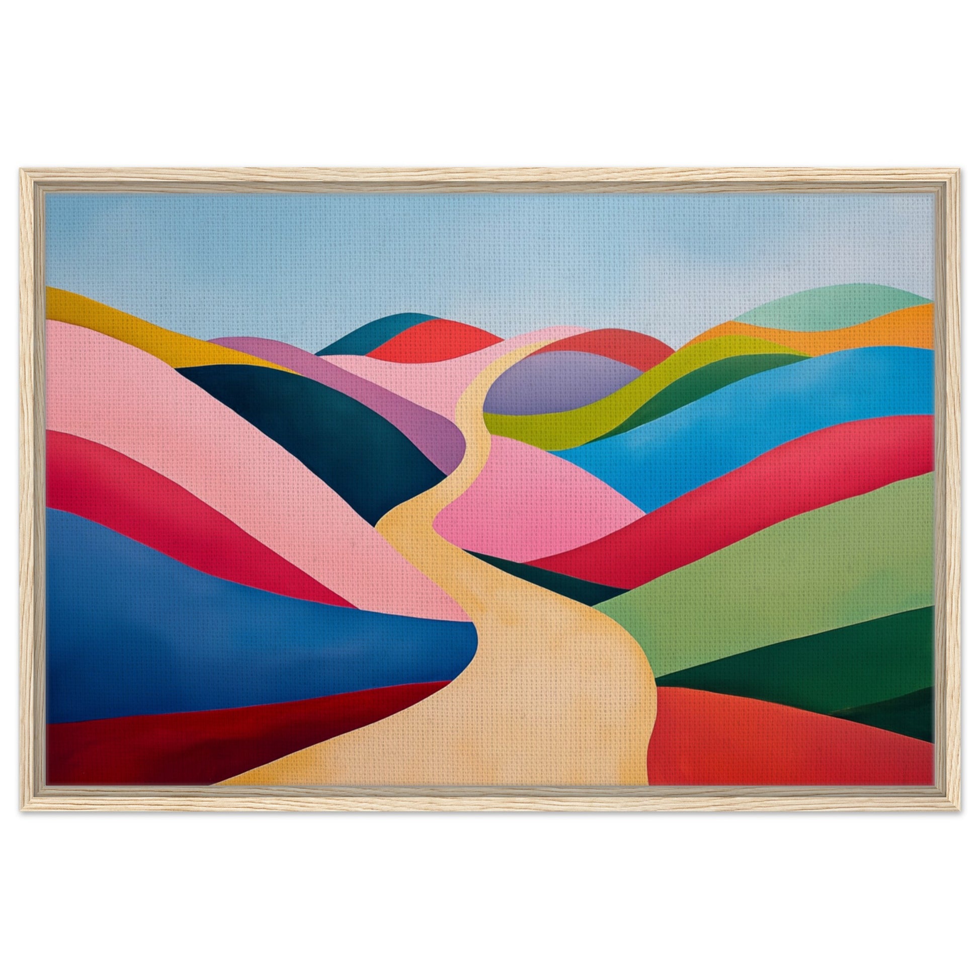 Gerahmte Leinwand „Surreale Hügel“, heller Holzrahmen, 60 × 90 cm, mit surrealen bunten Hügeln in Pink, Rot, Blau und Grün