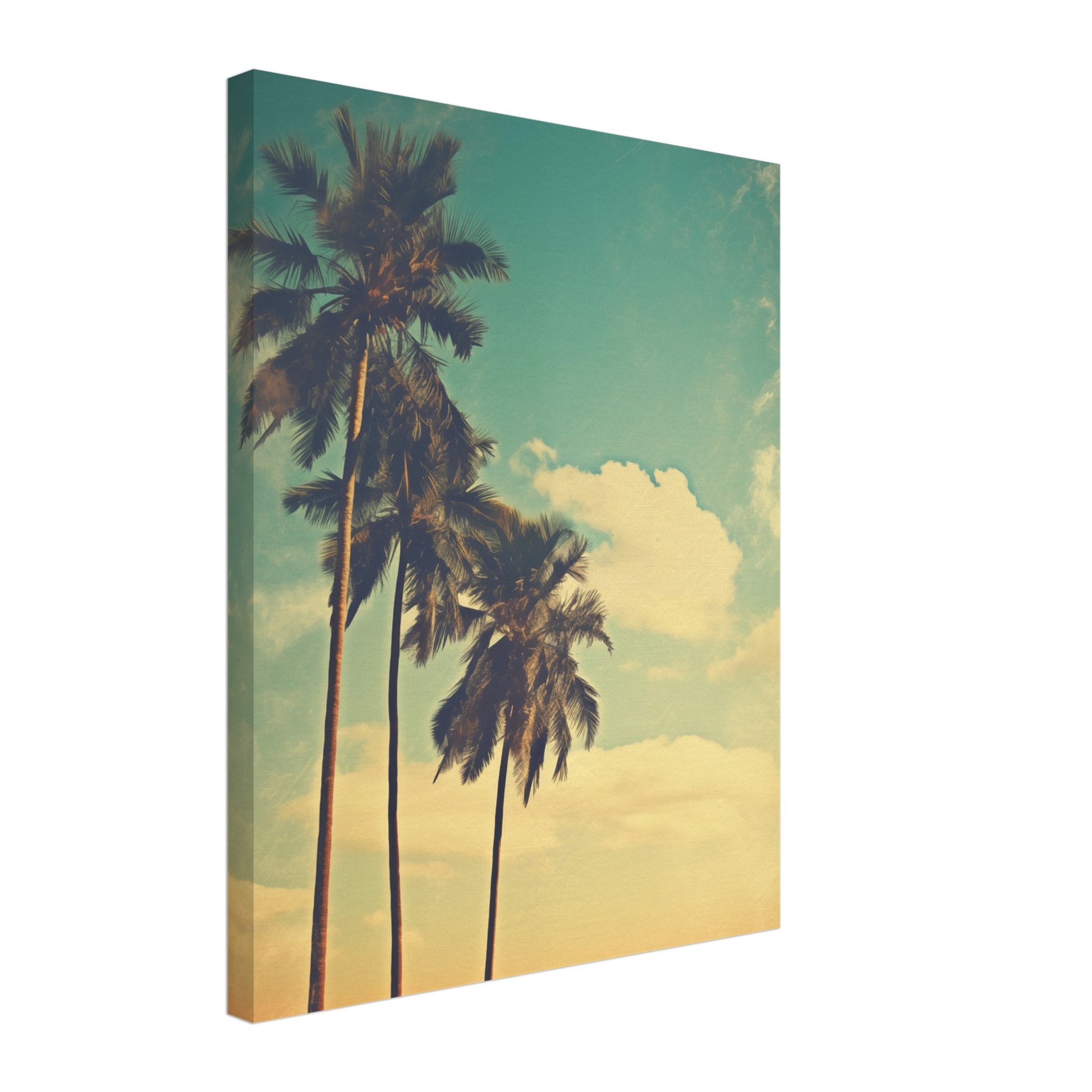 Leinwand „Retro Strandidyll“ mit Palmen am Strand vor pastelligem Sonnenuntergang in nostalgischer Retro-Optik, 40x50 cm