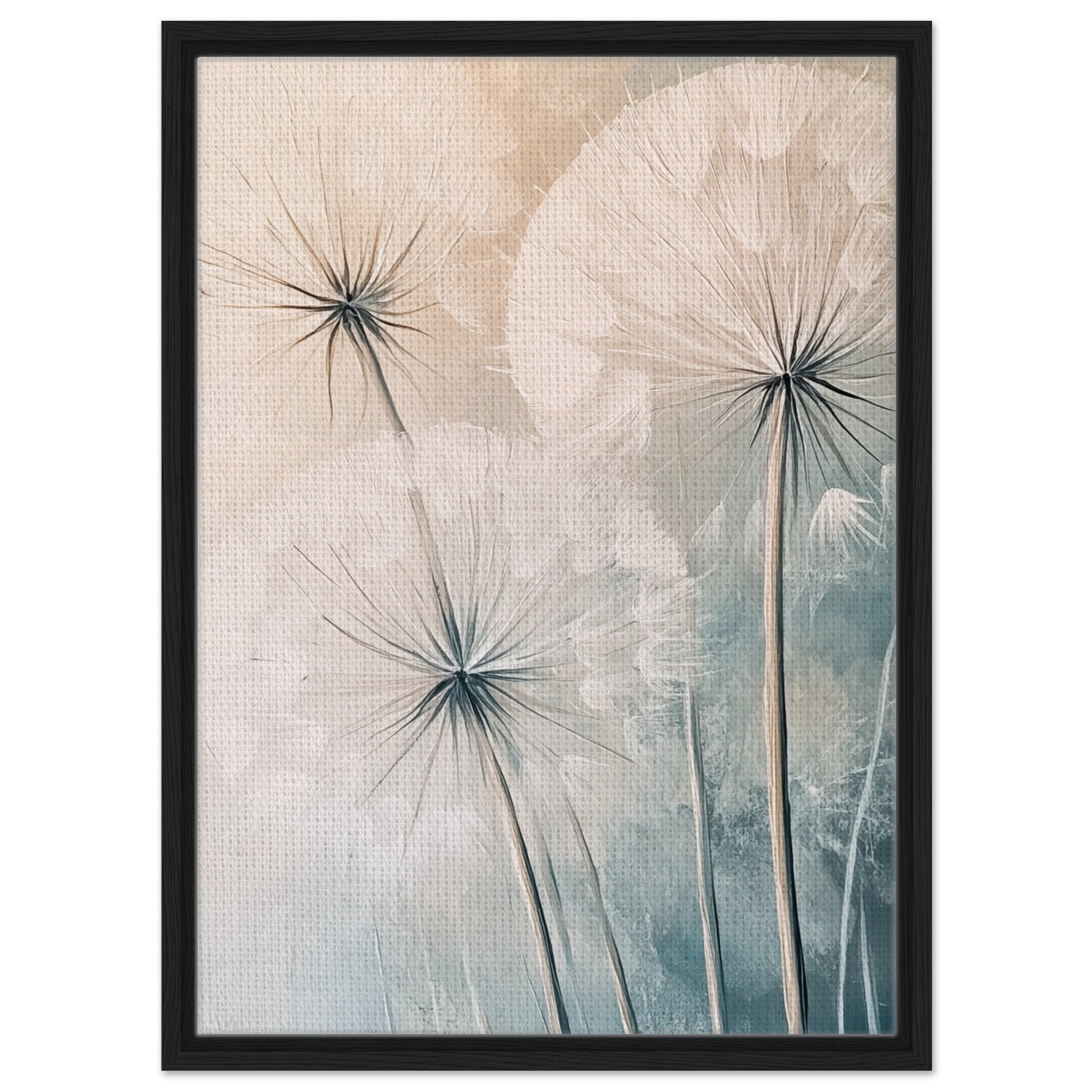 Zarte Pusteblumen - Gerahmte Leinwand Schwarzer Rahmen 50x70 cm - Pixara