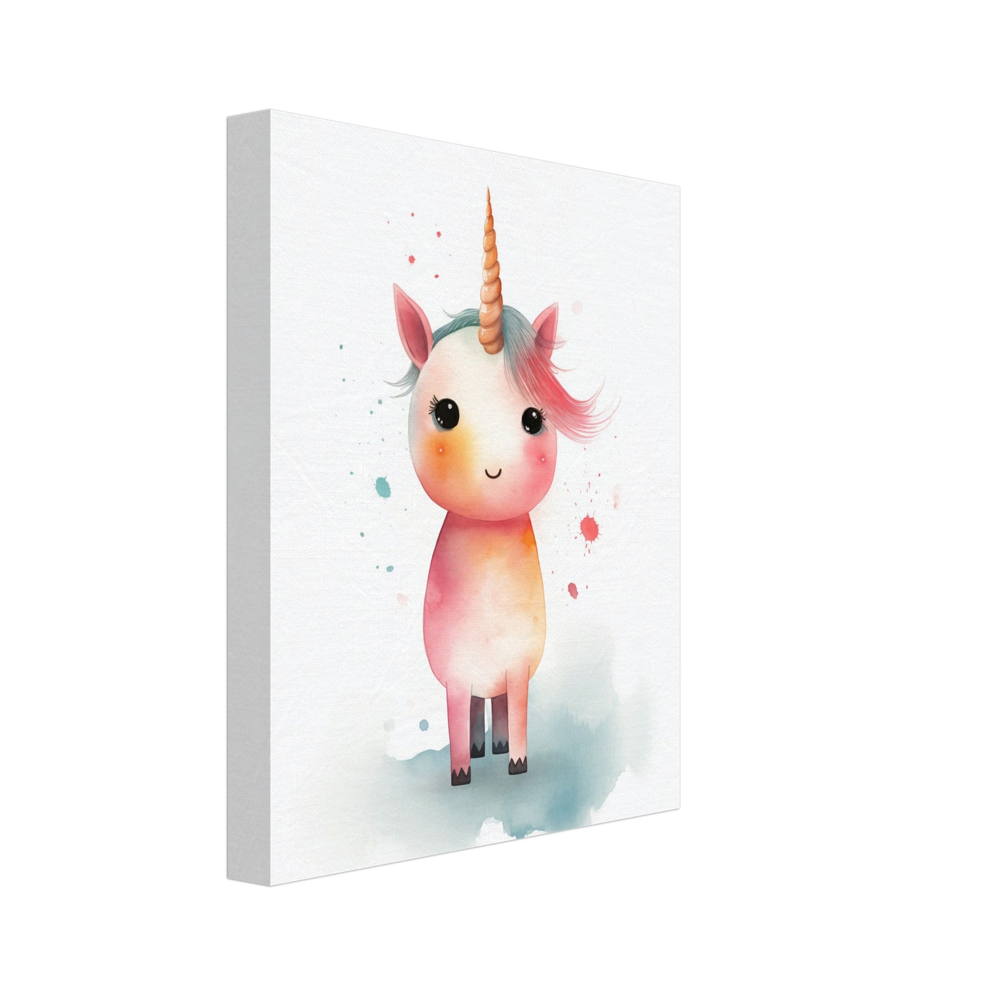 Leinwand „Sparkle“ mit niedlichem rosa Einhorn mit kleinem Horn und großen dunklen Augen, 20x25 cm