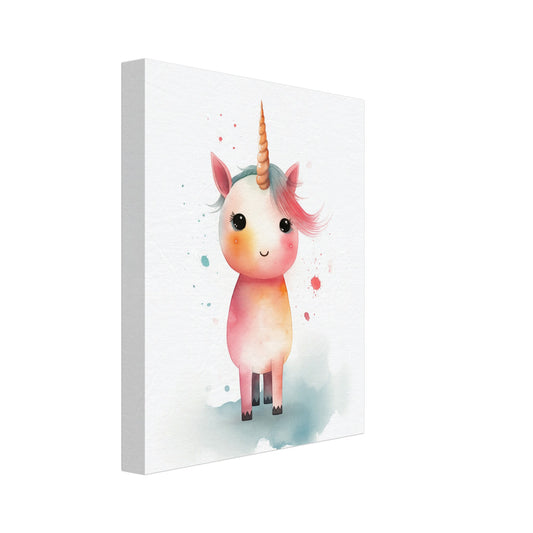 Leinwand „Sparkle“ mit niedlichem rosa Einhorn mit kleinem Horn und großen dunklen Augen, 20x25 cm