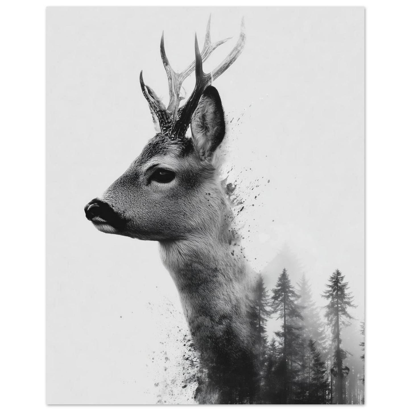 Reh & Wald – Doppelbelichtung in Schwarzweiß 40x50 cm - Pixara