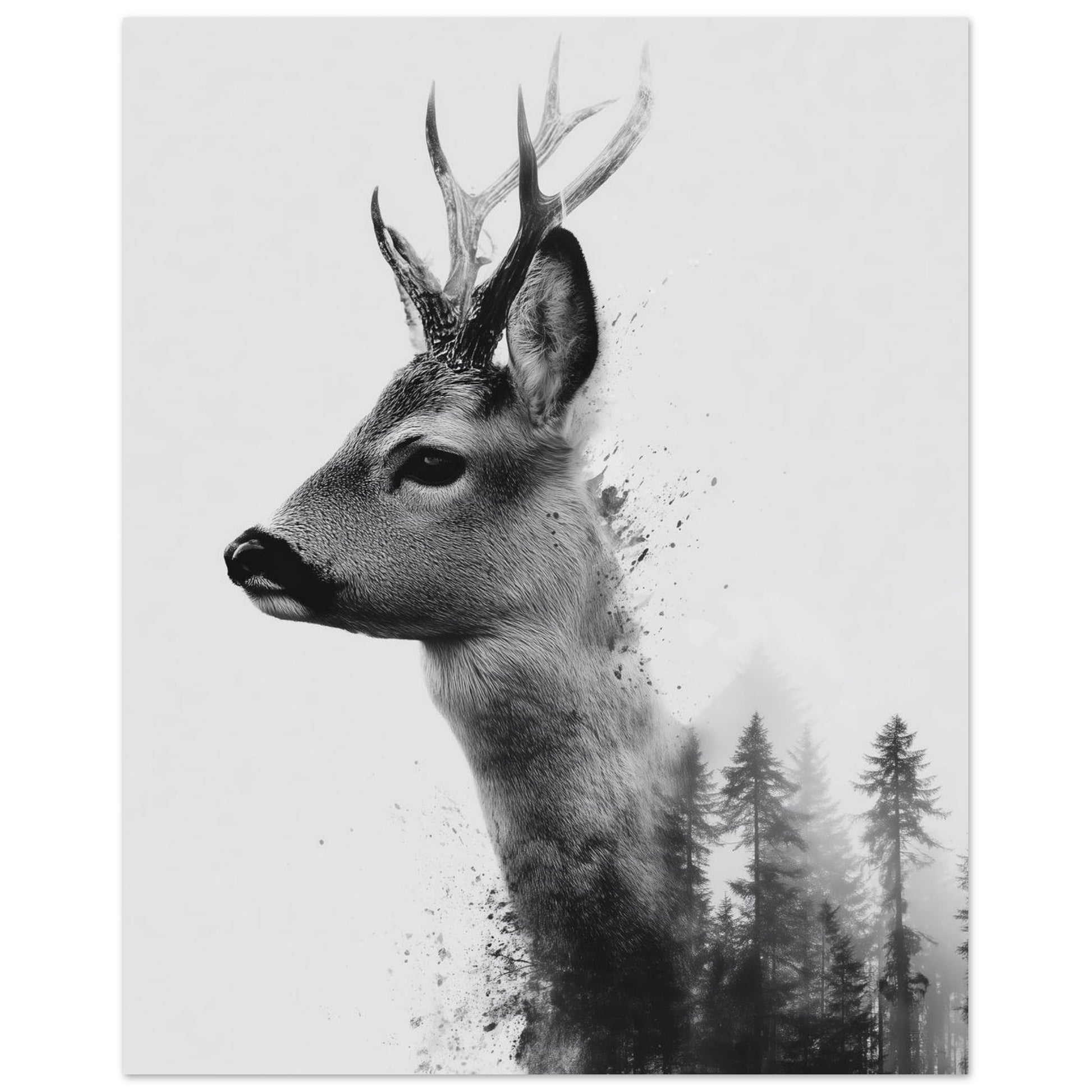 Wandbild „Reh & Wald , Doppelbelichtung in Schwarzweiß“ mit Rehprofil mit dunklem Nadelwald als Schwarzweiß-Doppelbelichtung, 40x50 cm