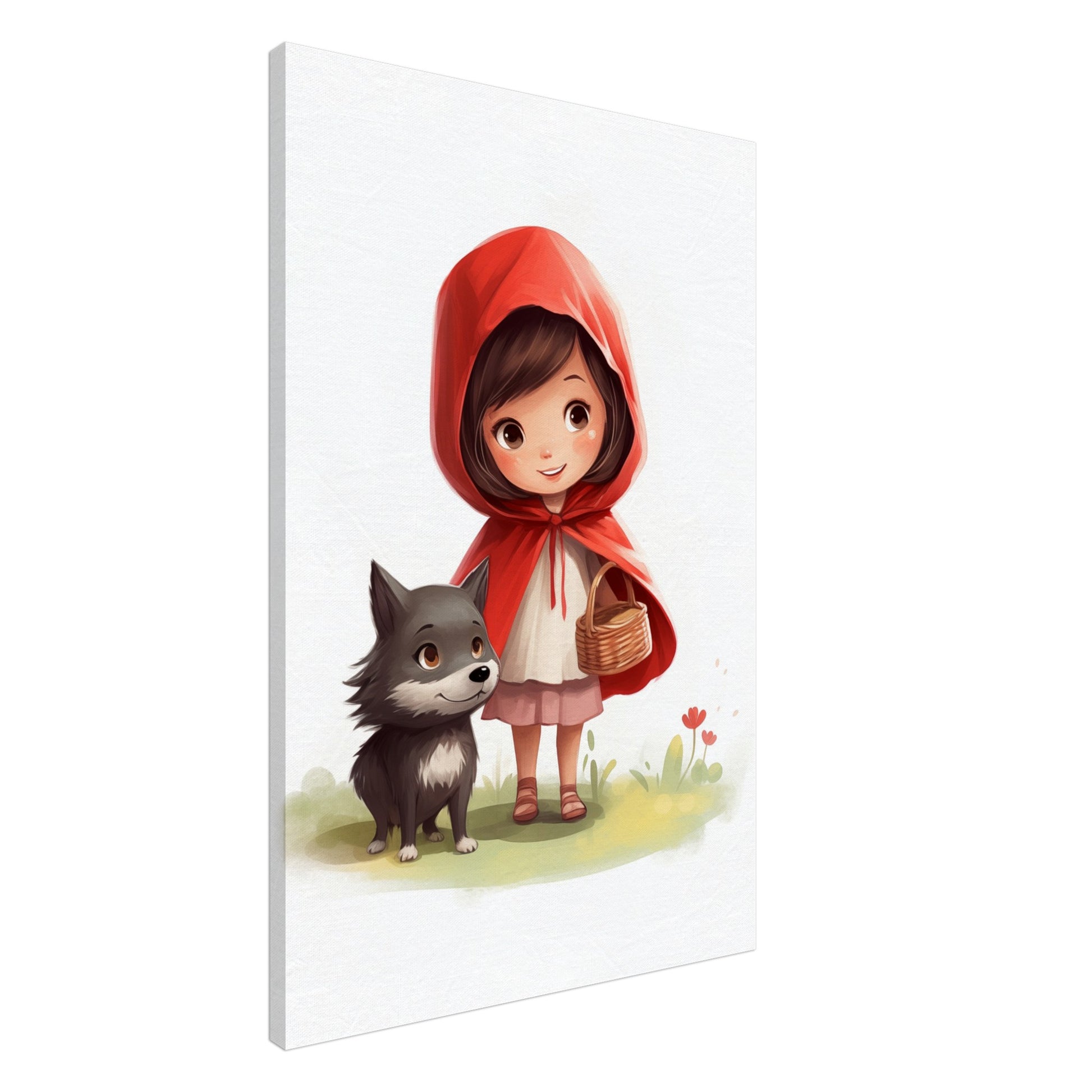 Leinwand „Ruby im Zauberwald“ mit Mädchen mit roter Kapuze und grauem Wolf, 60x90 cm