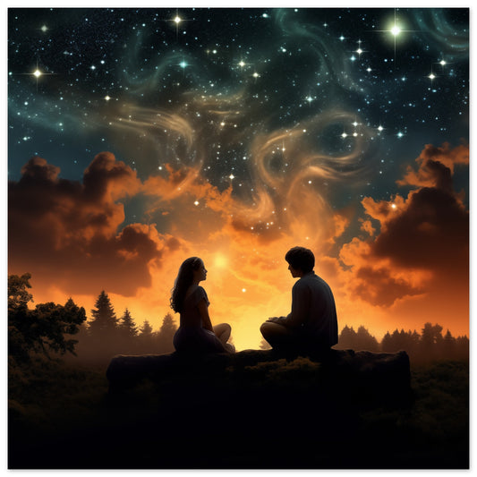 Poster „Sternennachtgespräch“ mit zwei Silhouetten unter leuchtendem Sternenhimmel, 25x25 cm