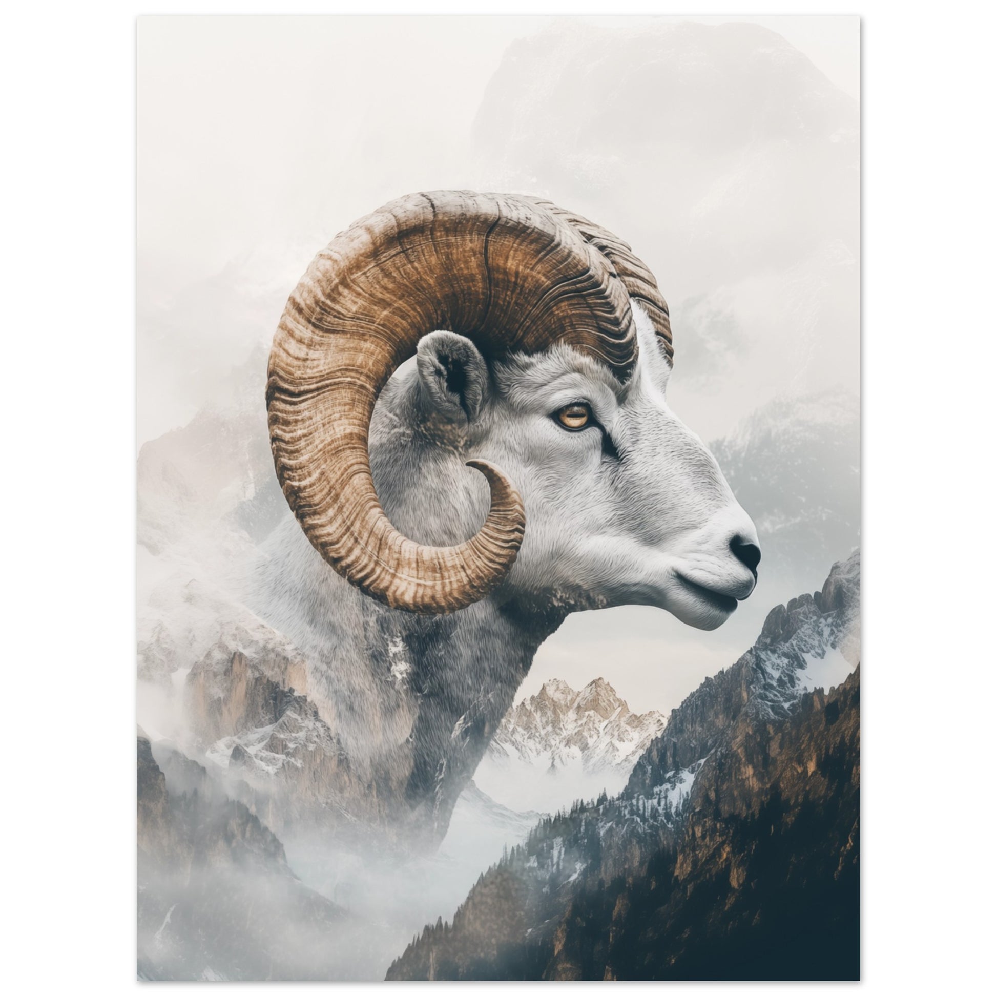 Wandbild „Majestatischer Steinbock , Kunstvolle Doppelbelichtung“ mit Steinbockporträt mit Berglandschaft als Doppelbelichtung, 30x40 cm