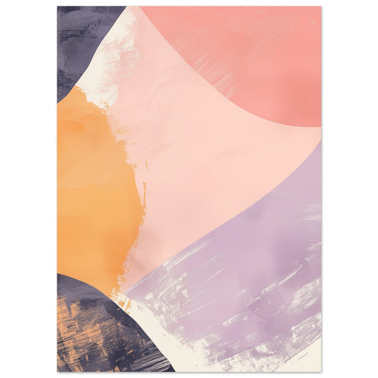 Poster „Geometrische Morgenröte“ mit abstrakte Pastellflächen in Koralle, Apricot, Flieder, Creme und Dunkelblau, 13x18 cm