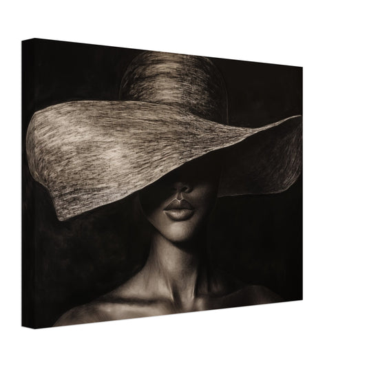 Leinwand „Monochrome Mystik“ mit mystischem Frauenporträt mit breitem Hut in Schwarz und Sepia, 30x40 cm