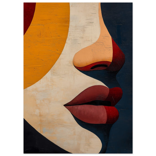 Poster „Abstrakte Geometrie eines Gesichts“ mit kubistischem Gesicht in Beige, Senfgelb, Bordeaux und Schwarz, 13 × 18 cm