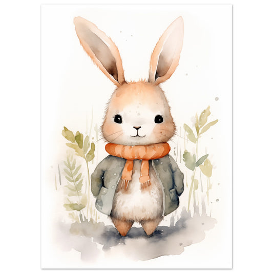 Poster „Herr Fluffington“ mit niedliches Häschen in weicher Aquarelloptik mit sanften Naturfarben, 13x18 cm