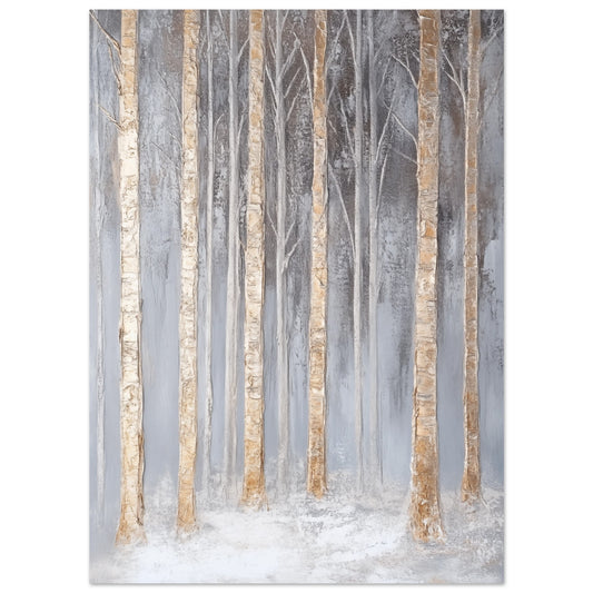 Poster „Nebelhafte Birkenlandschaft“ mit Birkenstämmen in nebliger Winterlandschaft mit goldenen Akzenten, 13x18 cm