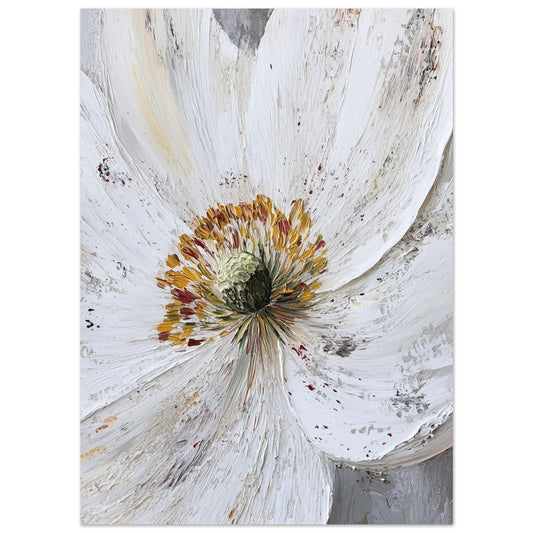 Poster „Weiße Blume in Nahaufnahme“ mit weißer Blüte in Nahaufnahme mit goldbraunen Strukturen, 13x18 cm
