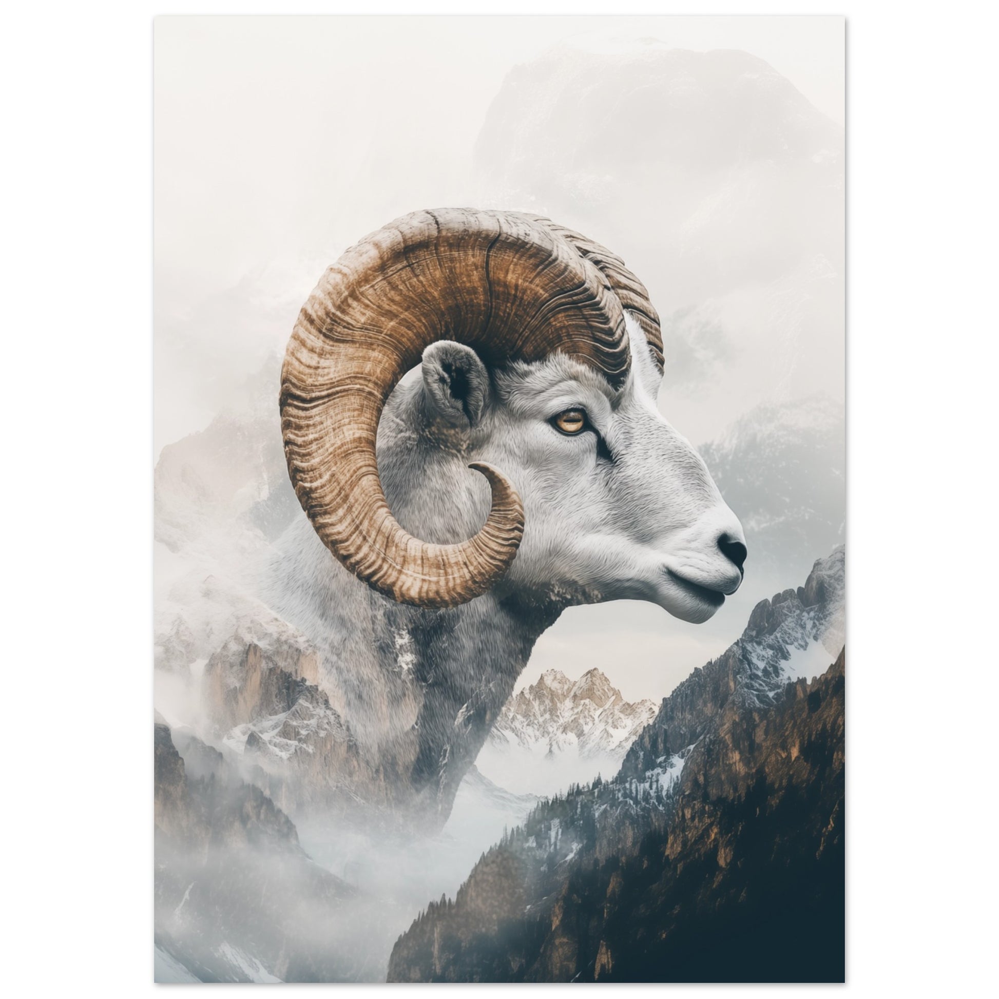 Wandbild „Majestatischer Steinbock , Kunstvolle Doppelbelichtung“ mit Steinbockporträt mit Berglandschaft als Doppelbelichtung, 50x70 cm