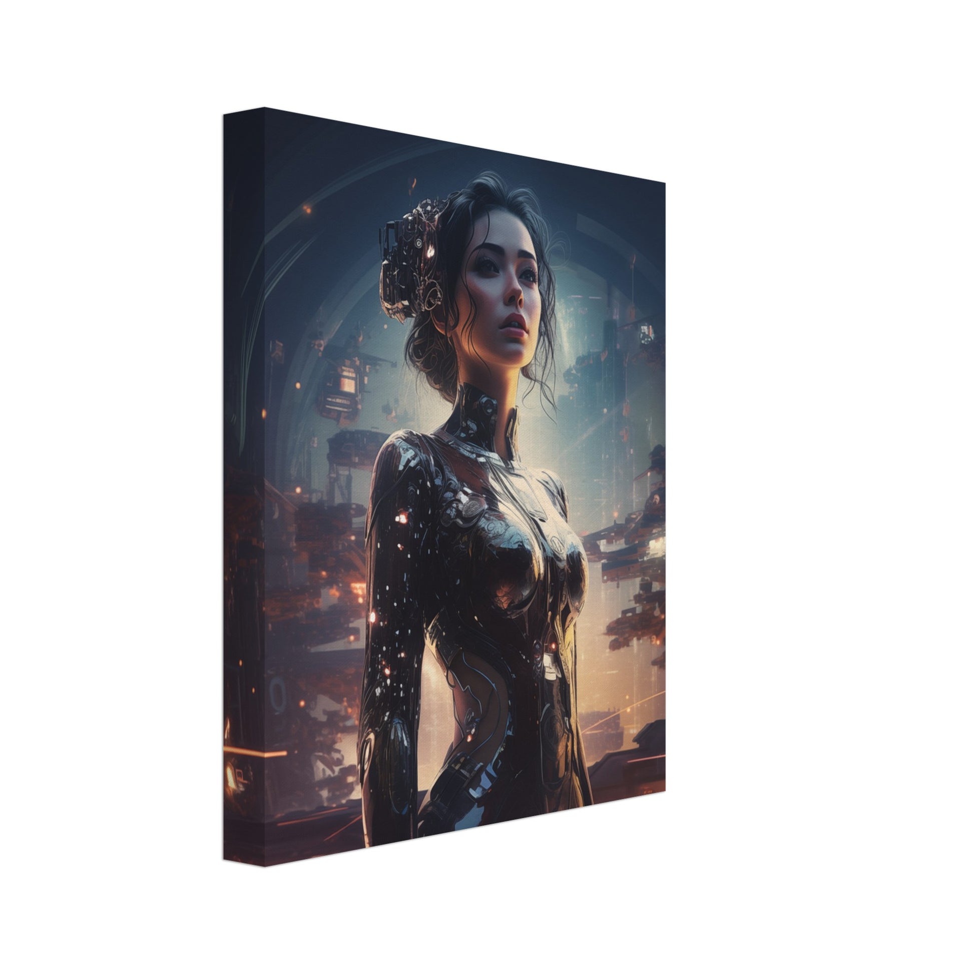 Leinwand „Wächterin der Sternenstadt "Seraphina"“ mit futuristischer Frauenfigur vor nächtlicher Sternenstadt, 20x25 cm