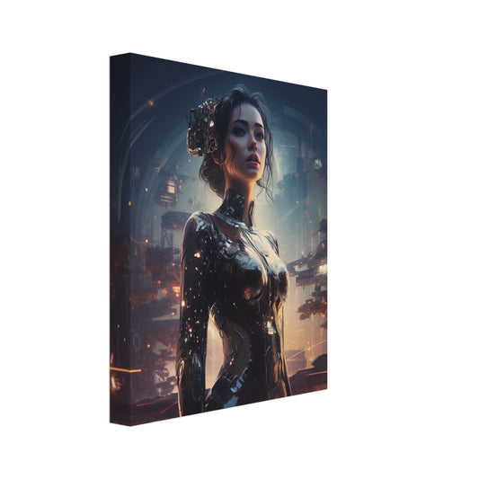 Leinwand „Wächterin der Sternenstadt "Seraphina"“ mit futuristischer Frauenfigur vor nächtlicher Sternenstadt, 20x25 cm