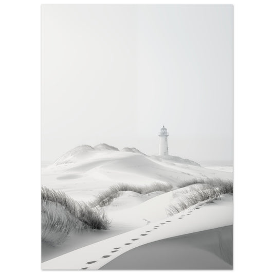 Poster „Leuchtturm in den Dünen“ mit minimalistischer Leuchtturm zwischen hellen Dünen in Weiß und Grau, 13x18 cm