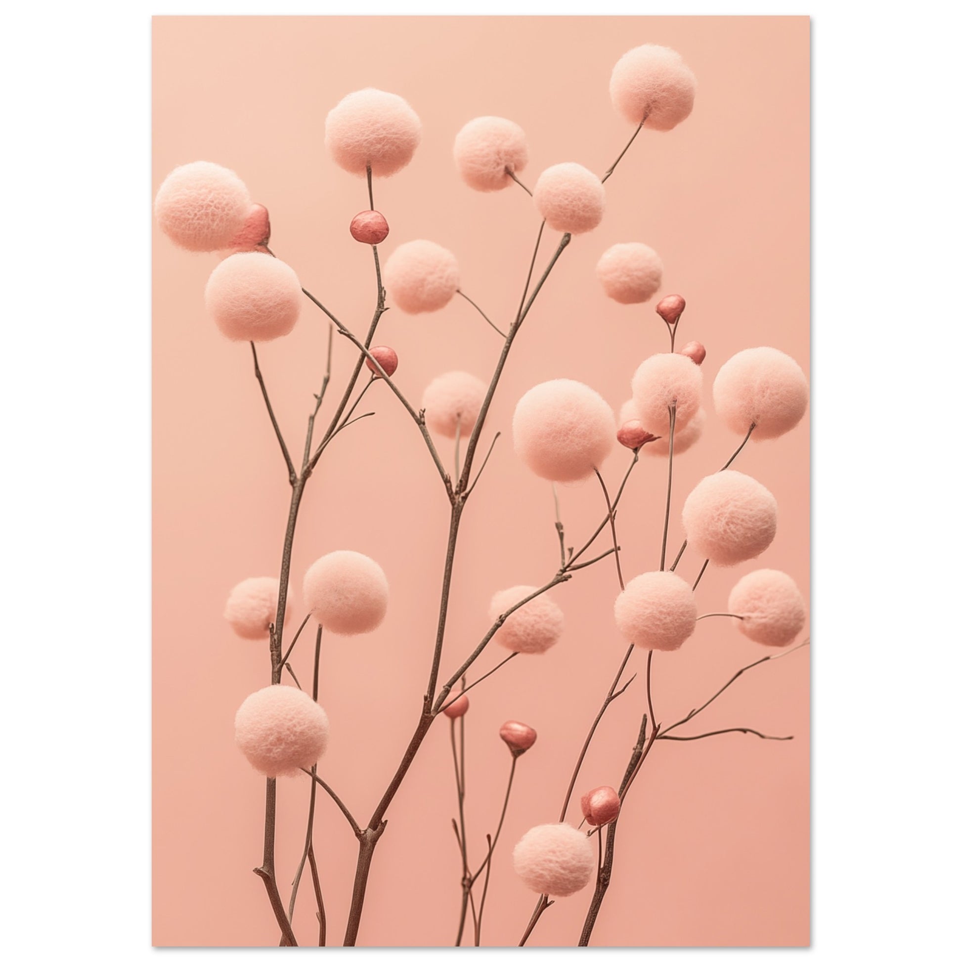 Poster „Zarte Blüten in Pastellrosa“ mit runde pastellrosa Blüten auf feinen dunklen Stielen vor rosafarbenem Grund, A4 21x29.7 cm
