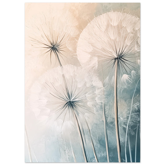 Poster „Zarte Pusteblumen“ mit Pusteblumen in Creme und Hellblau vor weichem Hintergrund, 13x18 cm