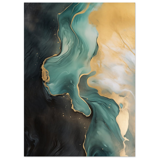 Poster „Celestial Aqua Flow“ mit fließende abstrakte Marmorierung in Petrol, Türkis, Gold und Schwarz, Format 13 × 18 cm