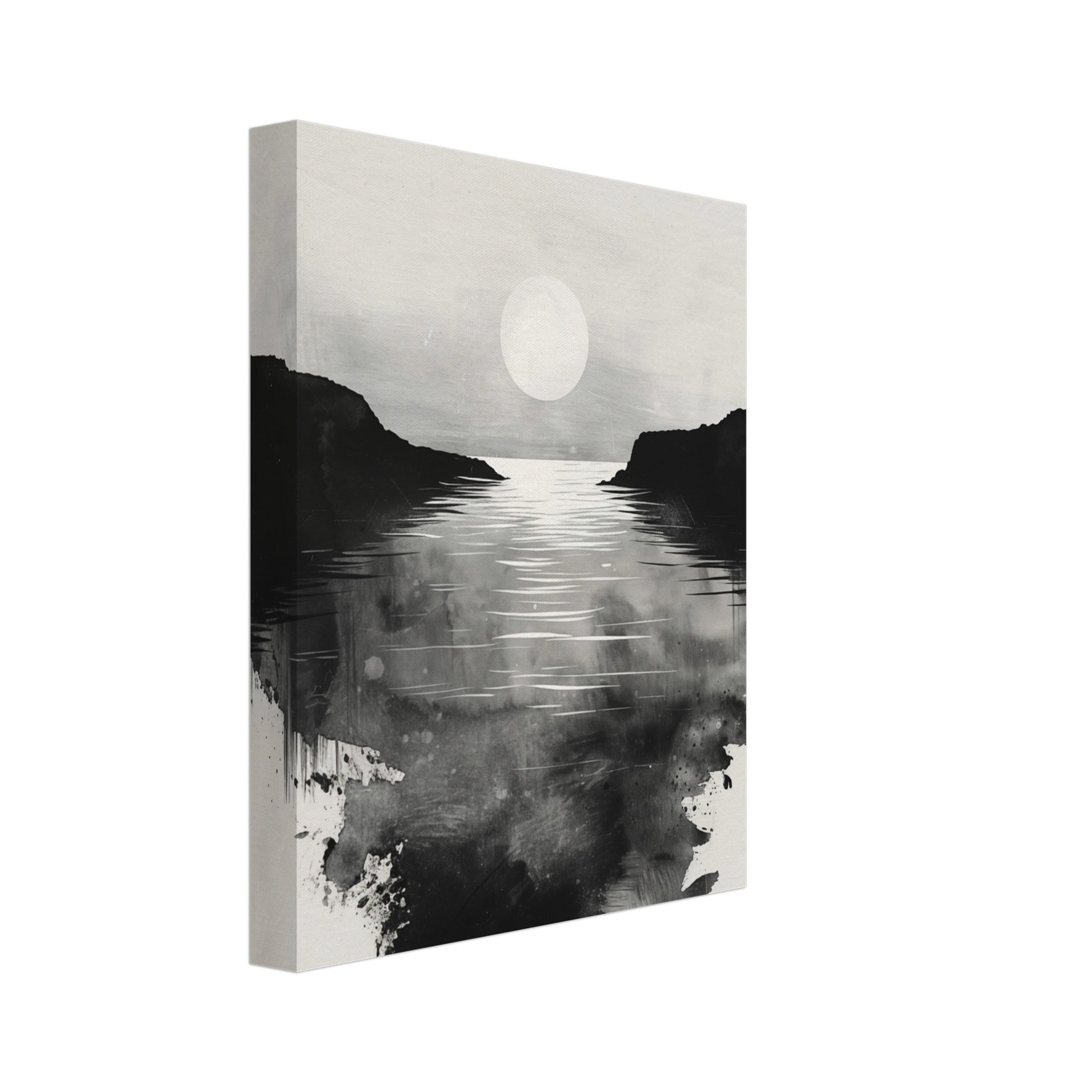 Leinwand „Mondnacht am See“ mit monochrome Seenlandschaft mit hellem Mond und Spiegelung im Wasser, 20x25 cm