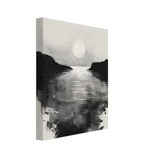 Leinwand „Mondnacht am See“ mit monochrome Seenlandschaft mit hellem Mond und Spiegelung im Wasser, 20x25 cm
