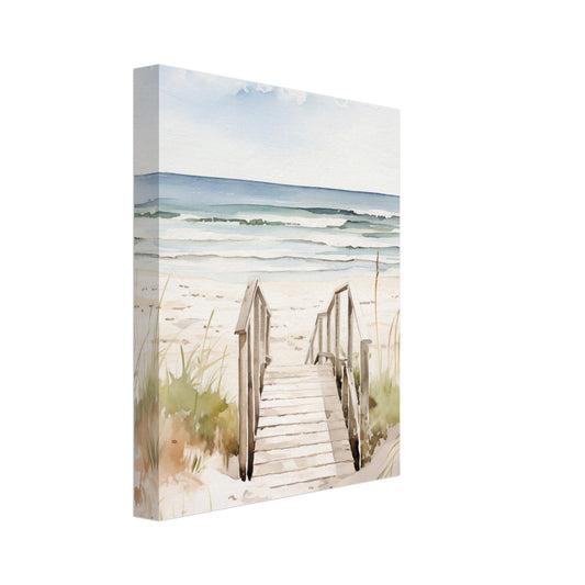 Leinwand „Strandzugang“ mit Holzsteg durch helle Dünen zum ruhigen Meer, 20x25 cm