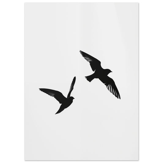 Poster „Silhouetten der Freiheit“ mit zwei fliegenden schwarzen Vögeln als reduzierte Silhouetten, 13x18 cm